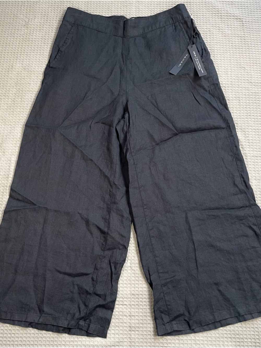 New Tahari 100% Linen Pants Medium Women’s Wide Leg Crop Black Lagenlook